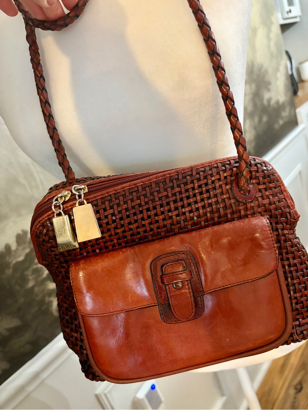 Vintage Cee Klein Woven Leather Bag Front Pocket Y2K Boho Shoulder Purse